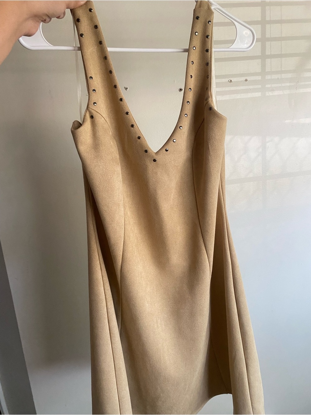 Derek Heart Studded V-Neck Mini Dress in Camel